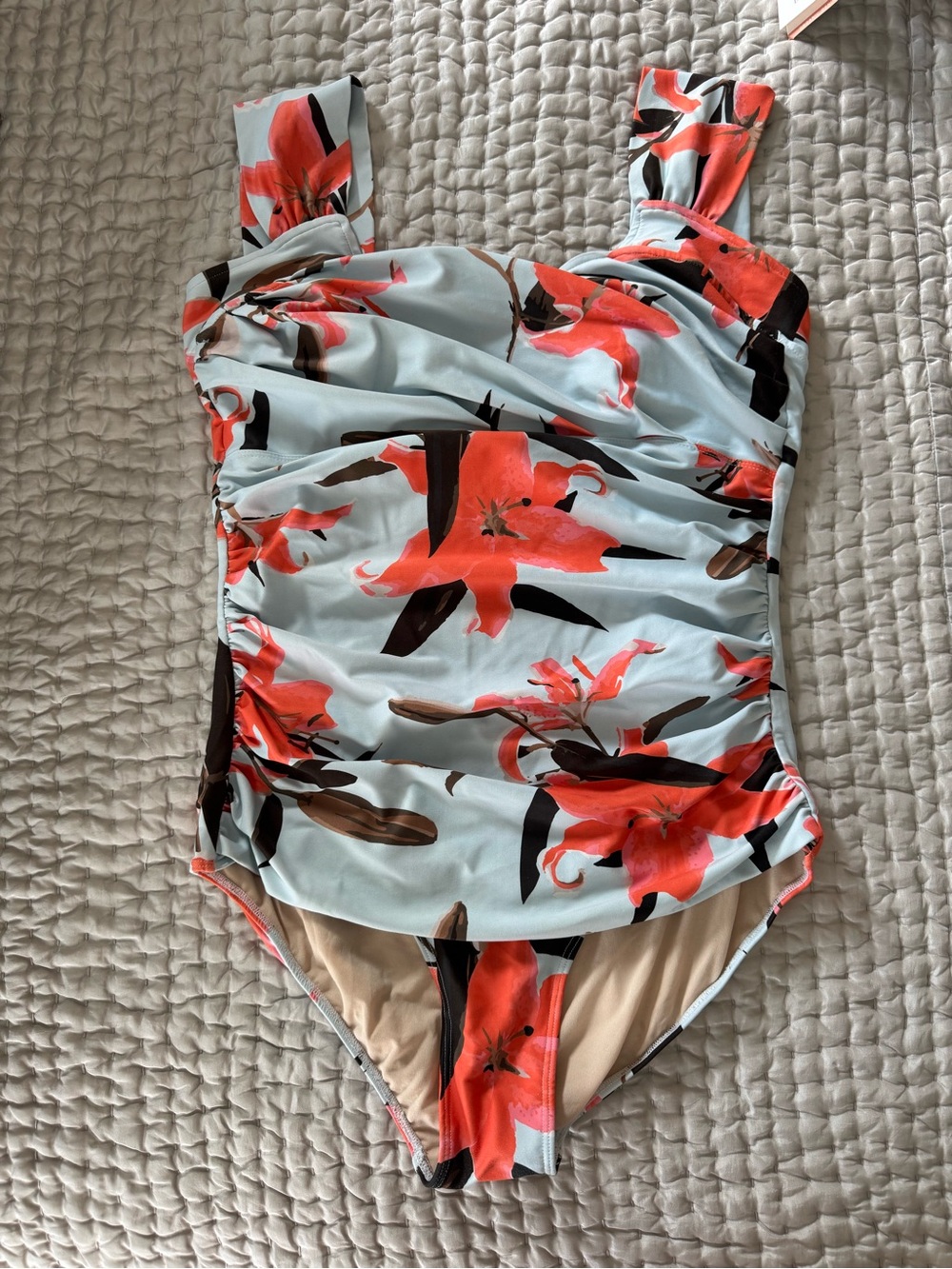 Albion Off-Shoulder Floral One-Piece Swimsuit in Light Blue and Orange